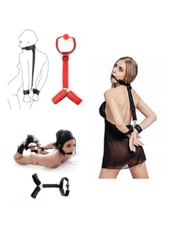 Fantezi Ağız Toplu Sırttan Bağlamalı Harness Esaret Kelepçesi Siyah