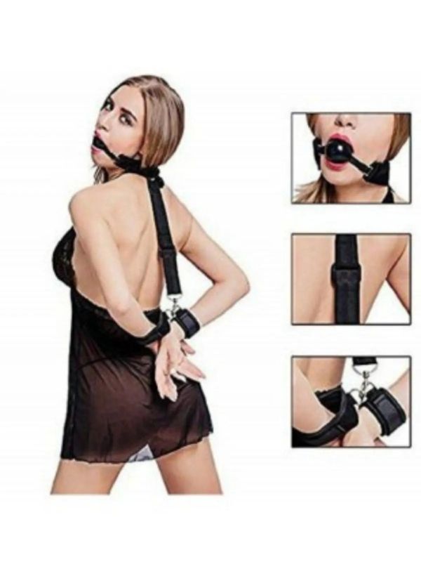 Fantezi Ağız Toplu Sırttan Bağlamalı Harness Esaret Kelepçesi Siyah
